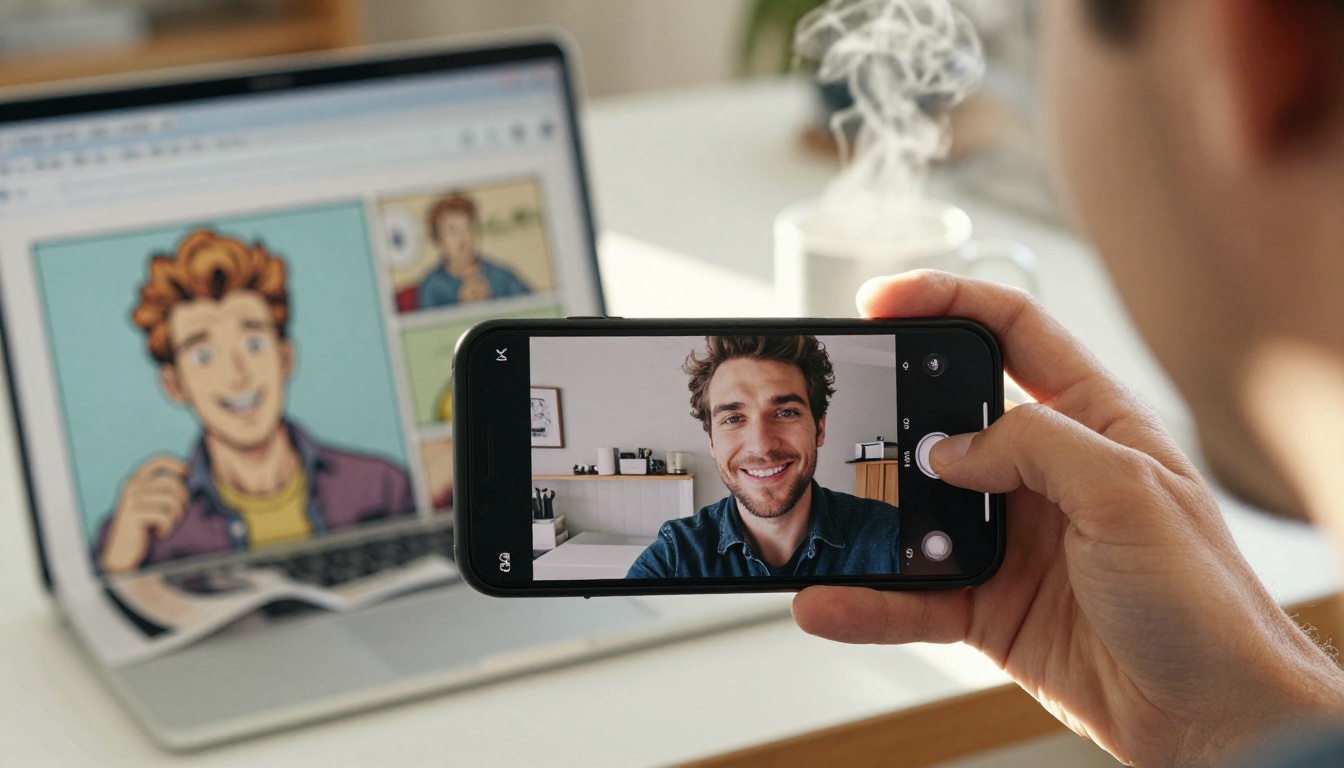 A smiling man holding up a smartphone selfie next to a printed comic strip with a character that shares his hairstyle