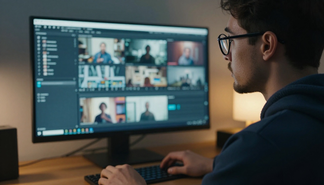A video editor in a dim edit suite watching a timeline of clips on a wide monitor A video editor in a dim edit suite watching a timeline of clips on a wide monitor