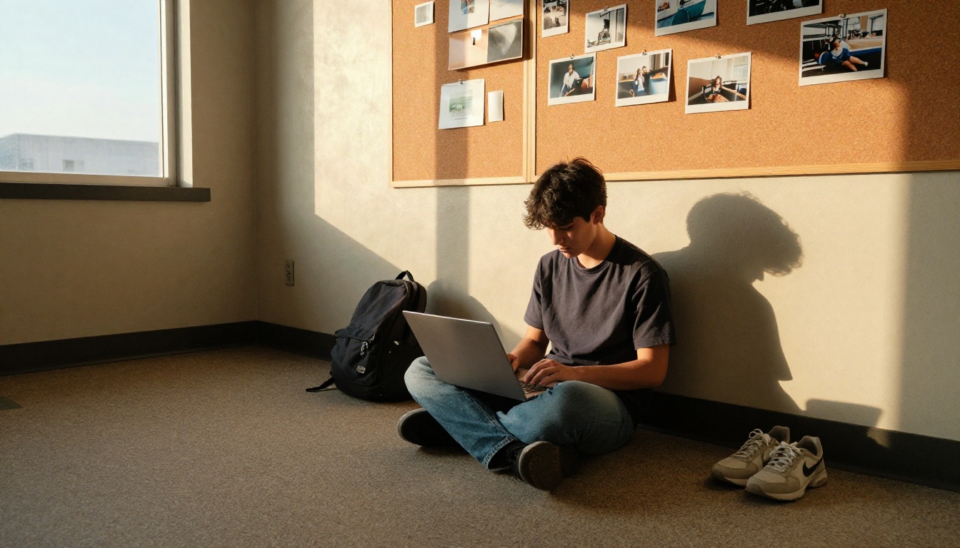 A college student sitting cross-legged on a dorm floor with a laptop, a corkboard of photos on the wall behind