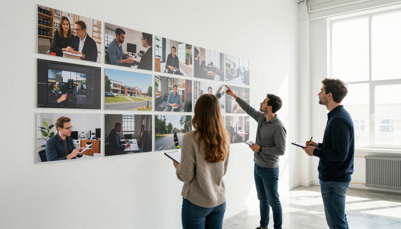 Three marketers reviewing a row of scene frames on a large wall monitor Three marketers reviewing a row of scene frames on a large wall monitor