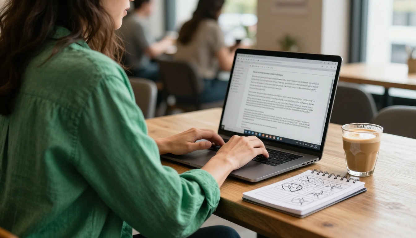 A woman typing a detailed scene description into a laptop beside a notepad with a hand-drawn panel grid