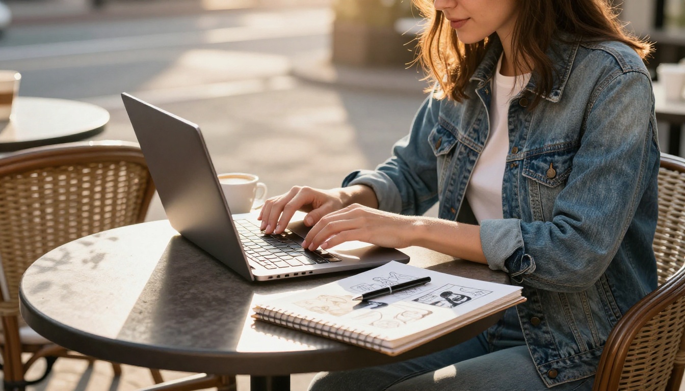 A young woman typing on a laptop at a sunny outdoor cafe table beside a sketchbook of shot thumbnails A young woman typing on a laptop at a sunny outdoor cafe table beside a sketchbook of shot thumbnails