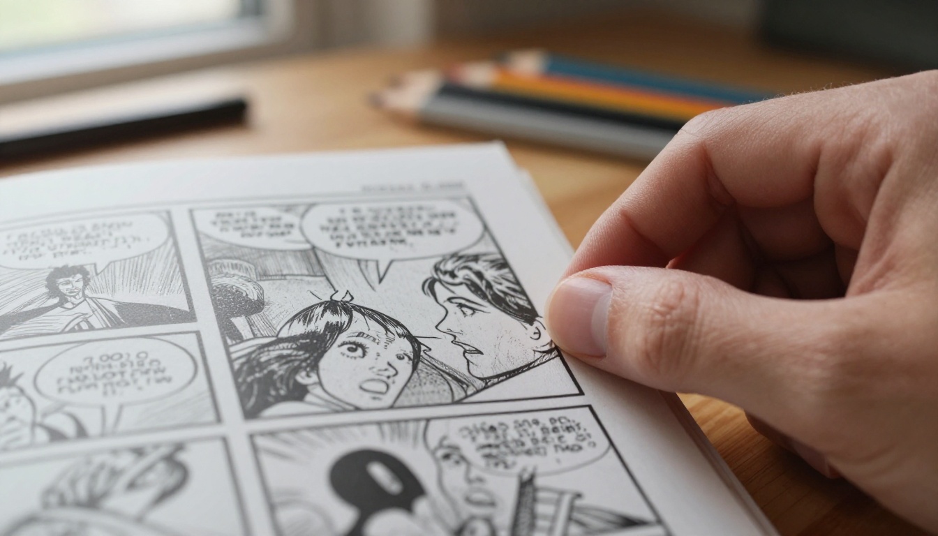 A hand holding a glossy printed comic page with empty speech bubbles and clean panel borders