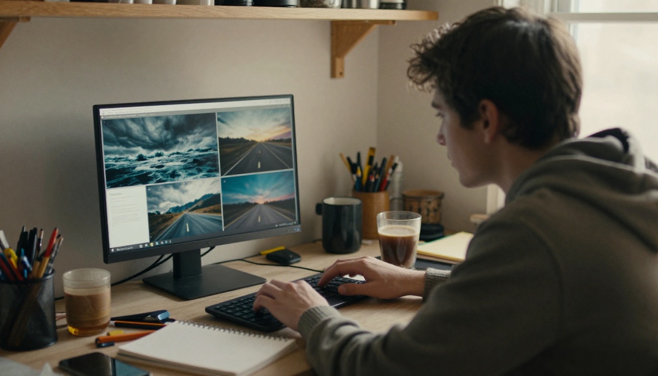 Over-the-shoulder view of an author reviewing wordless photographic book artwork mockups on a laptop