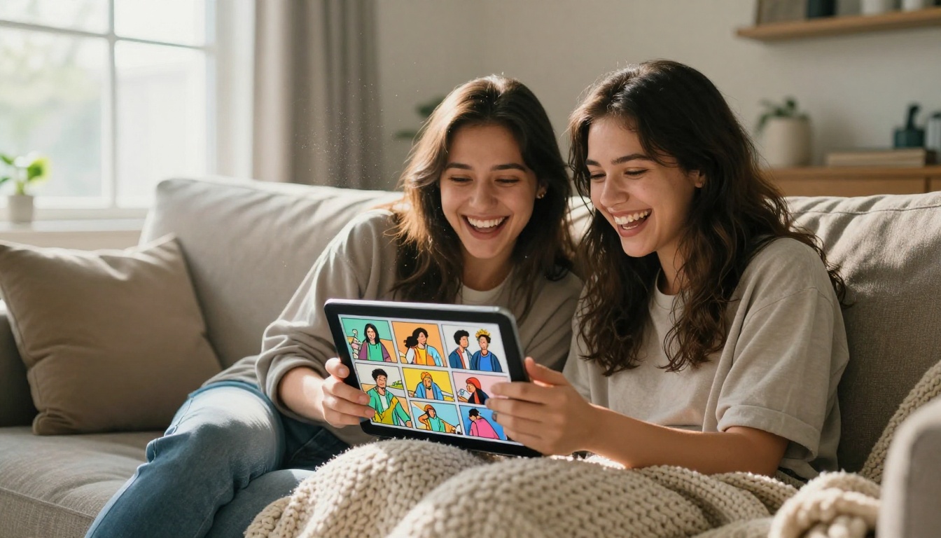 Two friends laughing on a sofa while looking at a tablet that shows a six panel comic about their weekend trip