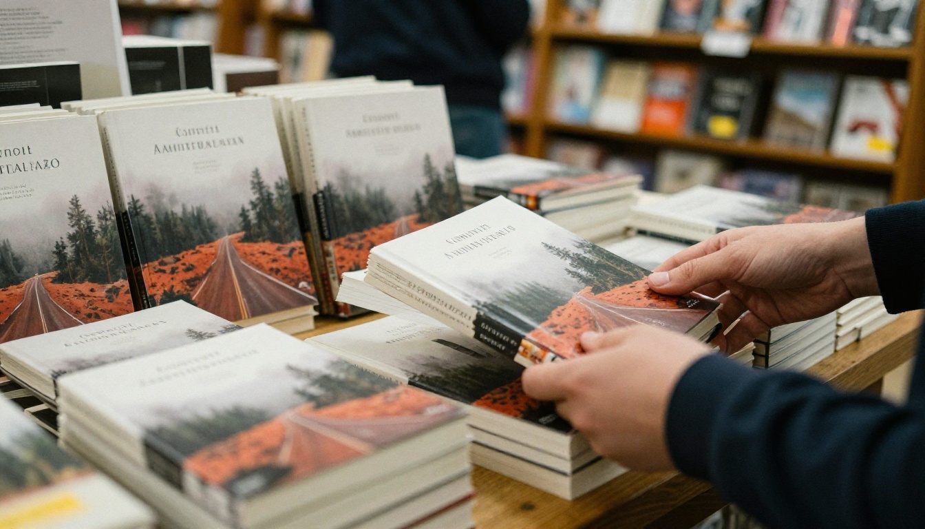 Low-angle view of a bookstore display table with face-out novels and a shopper reaching for one