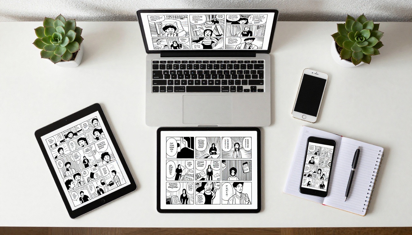 A tablet, a laptop, and a smartphone on a desk each showing a different layout of the same comic page