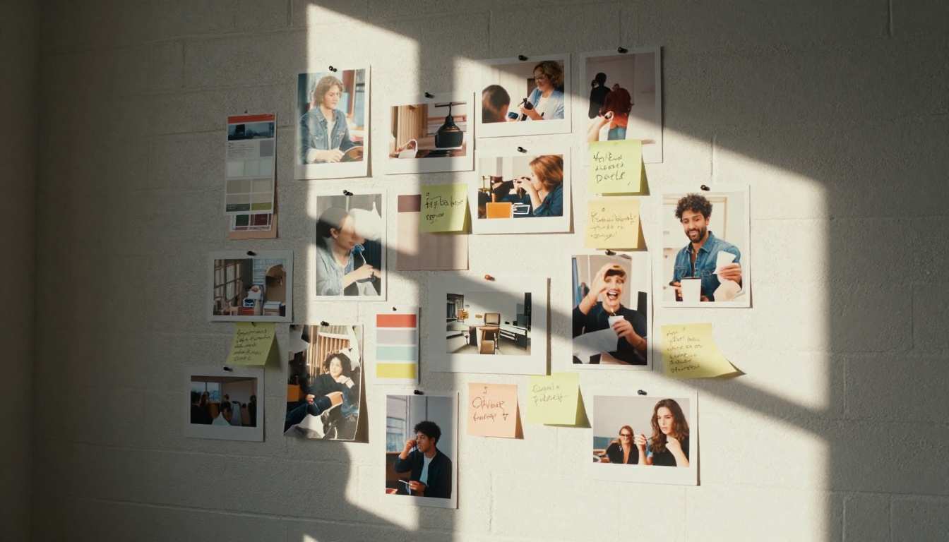 Designer pinning photographs and color swatches to a mood wall in late afternoon light