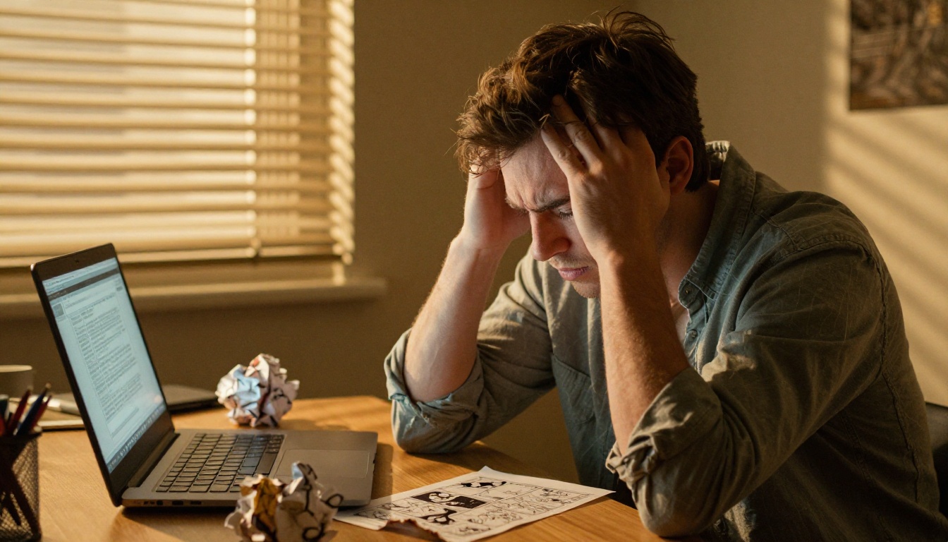A frustrated man rubbing his temple at a desk with a crumpled paper ball and a printed comic page with a torn edge