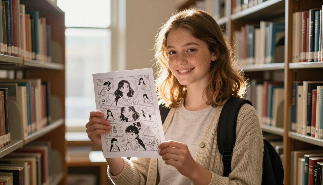 A teenage girl proudly holding a printed comic booklet she made, standing between bookshelves in a sunlit school library