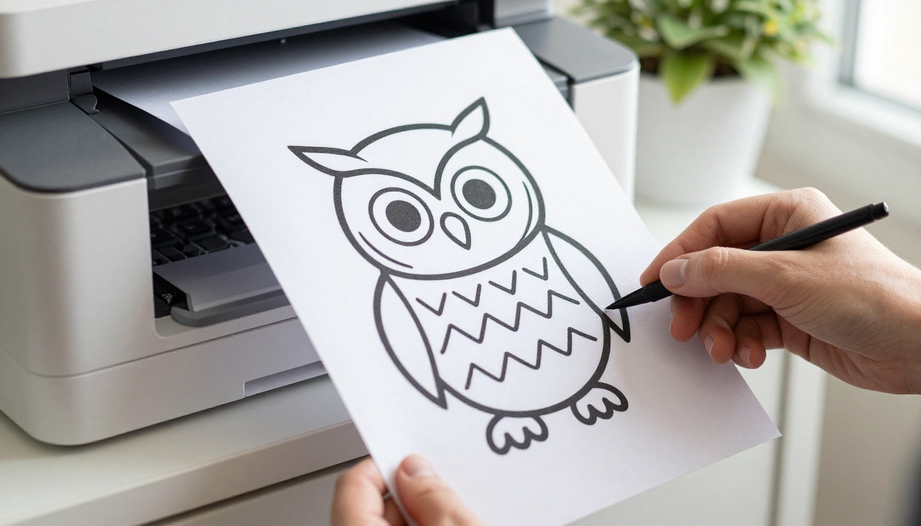 A hand catching a freshly printed black-outline owl coloring page as it leaves a compact laser printer