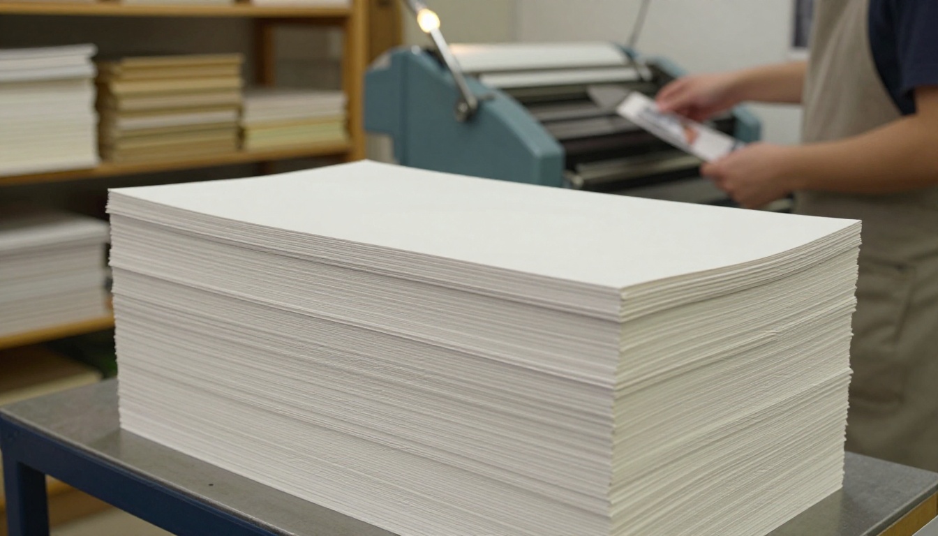 Low-angle view of freshly trimmed paperbacks stacked in a small print shop