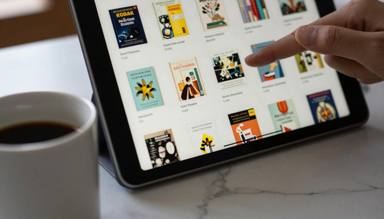 Tablet showing a grid of tiny book thumbnails with a fingertip hovering over one