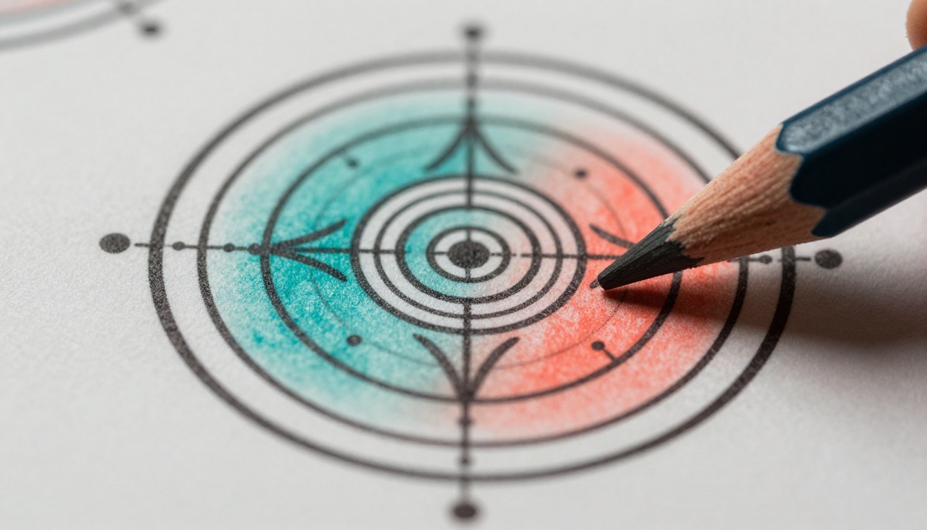 Colored pencils resting on a printed mandala page, half filled with teal and coral
