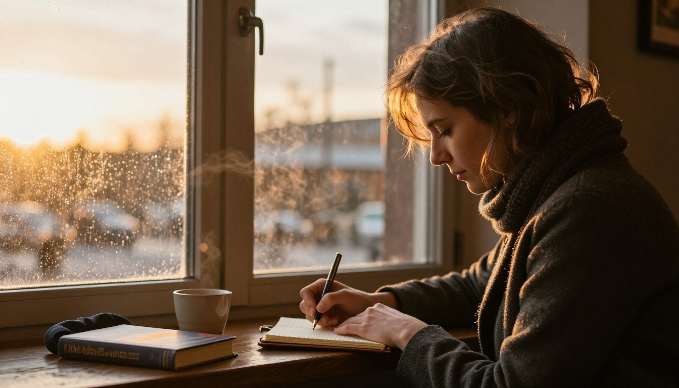 Writer sketching ideas in a notebook at a café window seat at golden hour