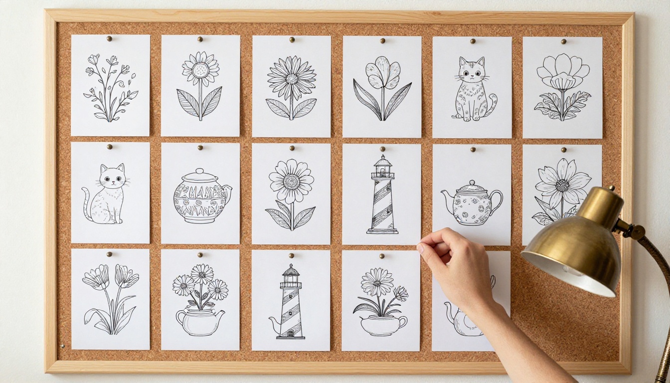 A cork board wall with twenty printed black-and-white coloring pages pinned in four rows