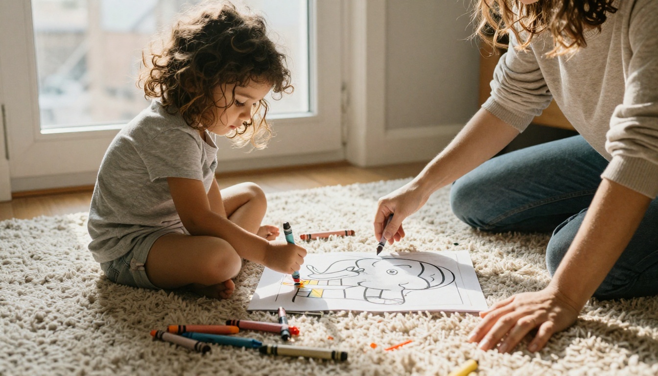 A seven-year-old girl coloring a large elephant outline page with crayons on a living room rug
