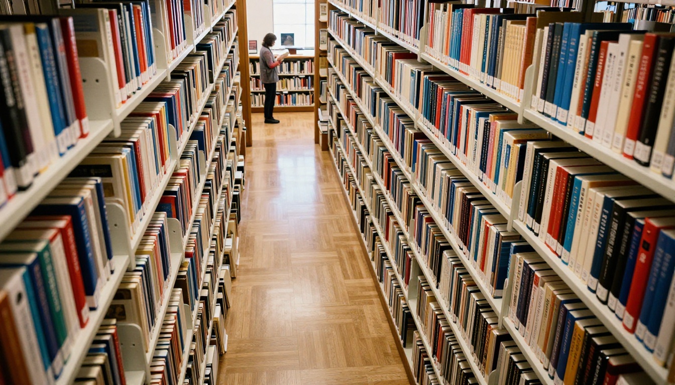 Aerial view down a library aisle with shelves of books in muted blues, reds and creams