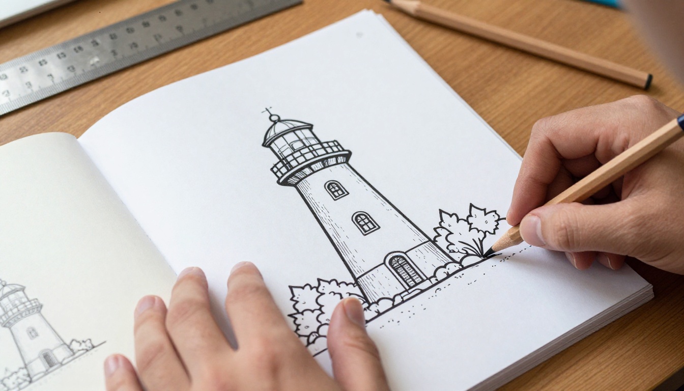 Two hands flipping through a printed proof copy of a coloring book showing white margins around a lighthouse drawing
