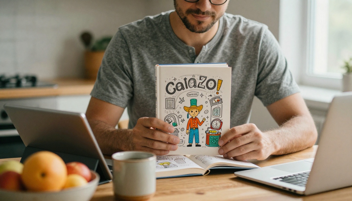 A man in a gray henley holding a finished paperback coloring book at his kitchen table