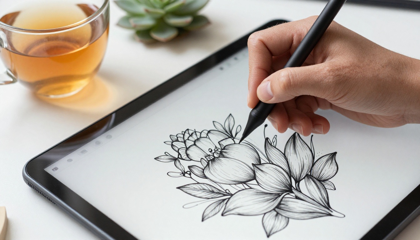 An illustrator's hand using a stylus on a tablet to erase a stray line from a floral drawing