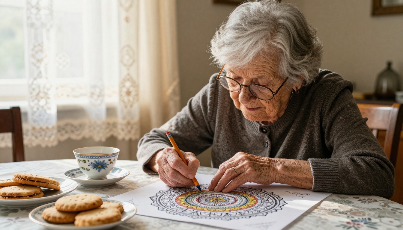 An elderly woman with silver hair coloring an intricate mandala page with colored pencils at a sunlit dining table