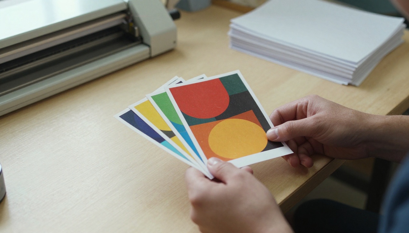 Two hands holding a freshly printed colorful flyer over a print shop counter