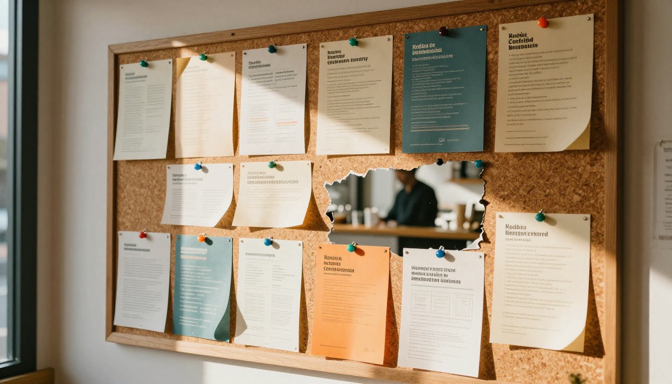 Low angle view of a cafe corkboard crowded with colorful paper flyers