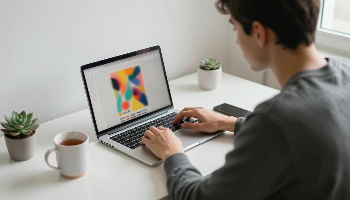 Over the shoulder view of a designer working on a poster layout on a laptop