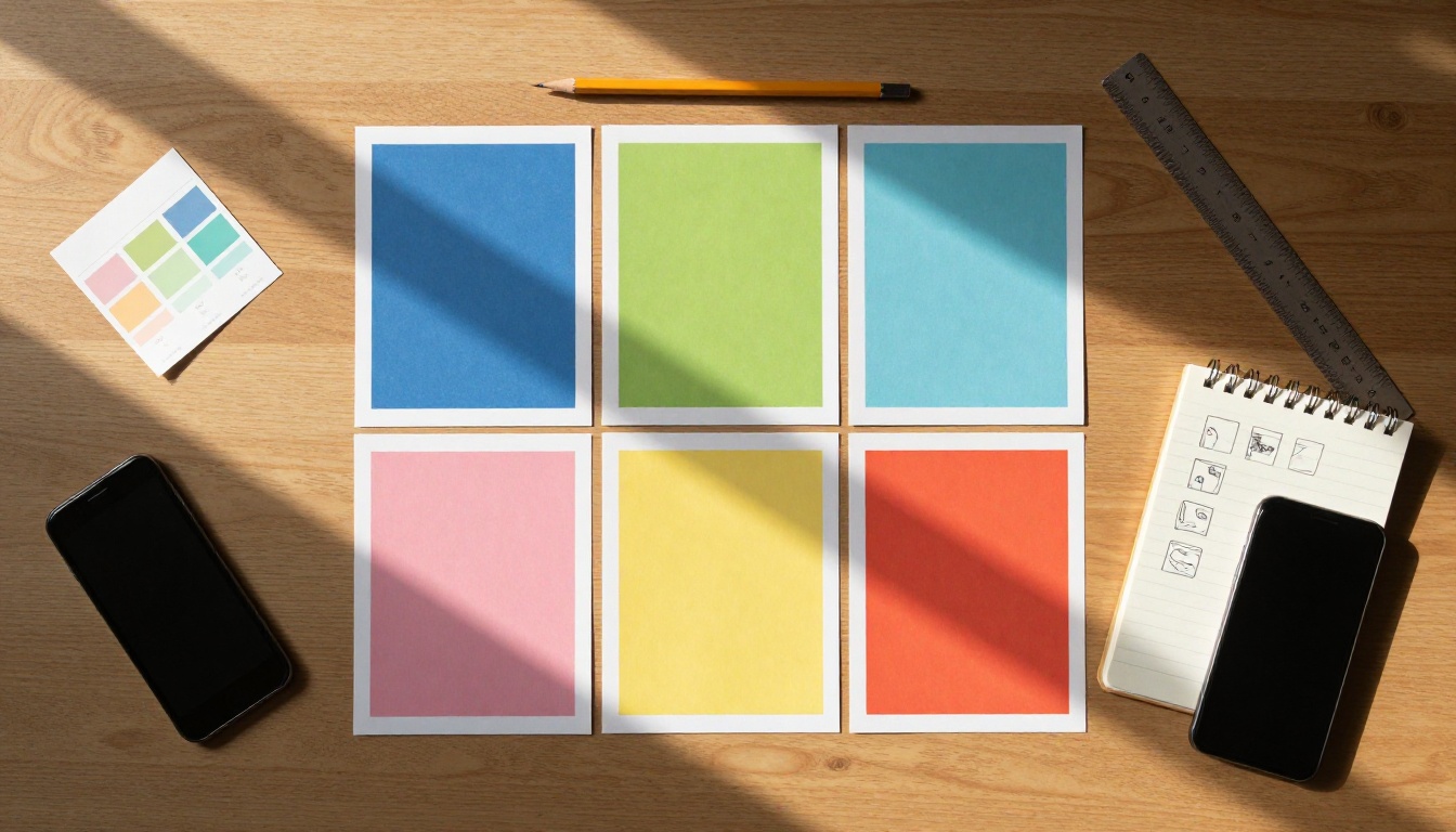 Aerial flat lay of printed flyer layout options in different color schemes on a wooden desk