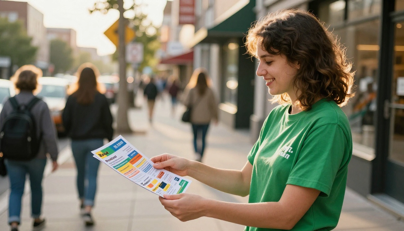 Volunteer handing a colorful flyer to a passerby on a sunny city sidewalk