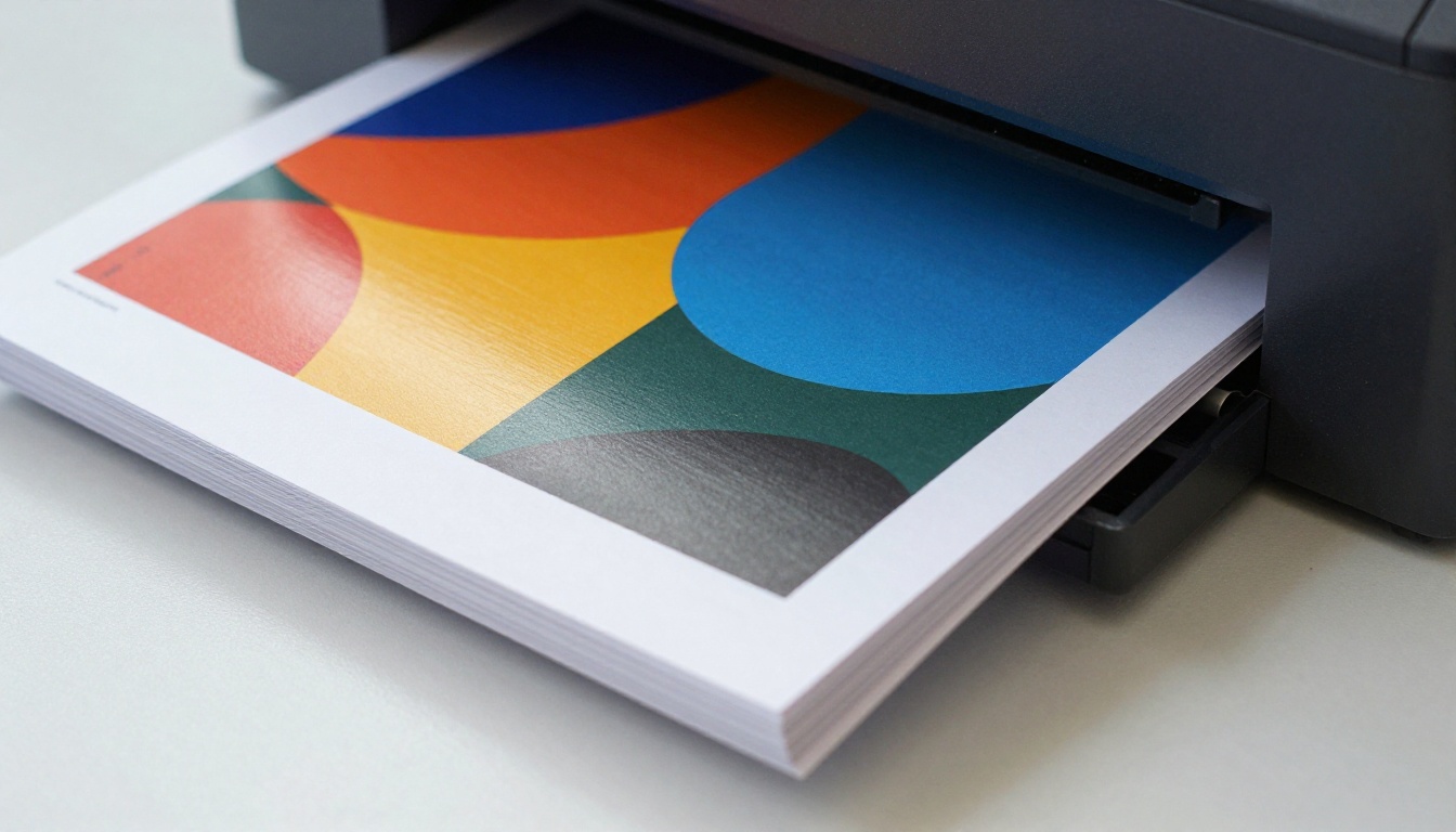 Office laser printer pushing out a freshly printed glossy flyer