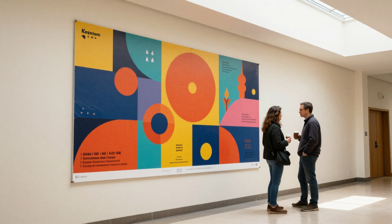 Neighbors chatting in front of a large event poster in a community center hallway