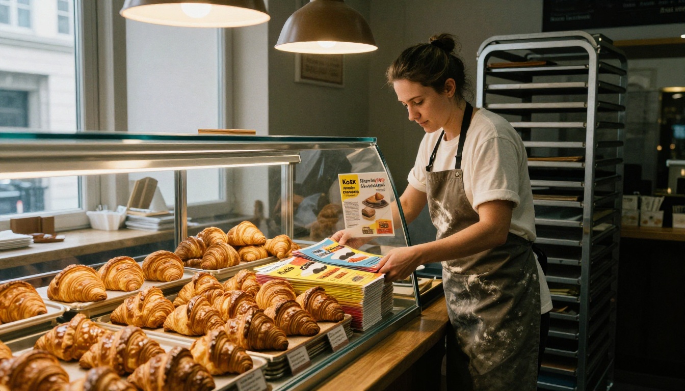 Bakery owner placing a stack of promotional flyers beside a pastry case