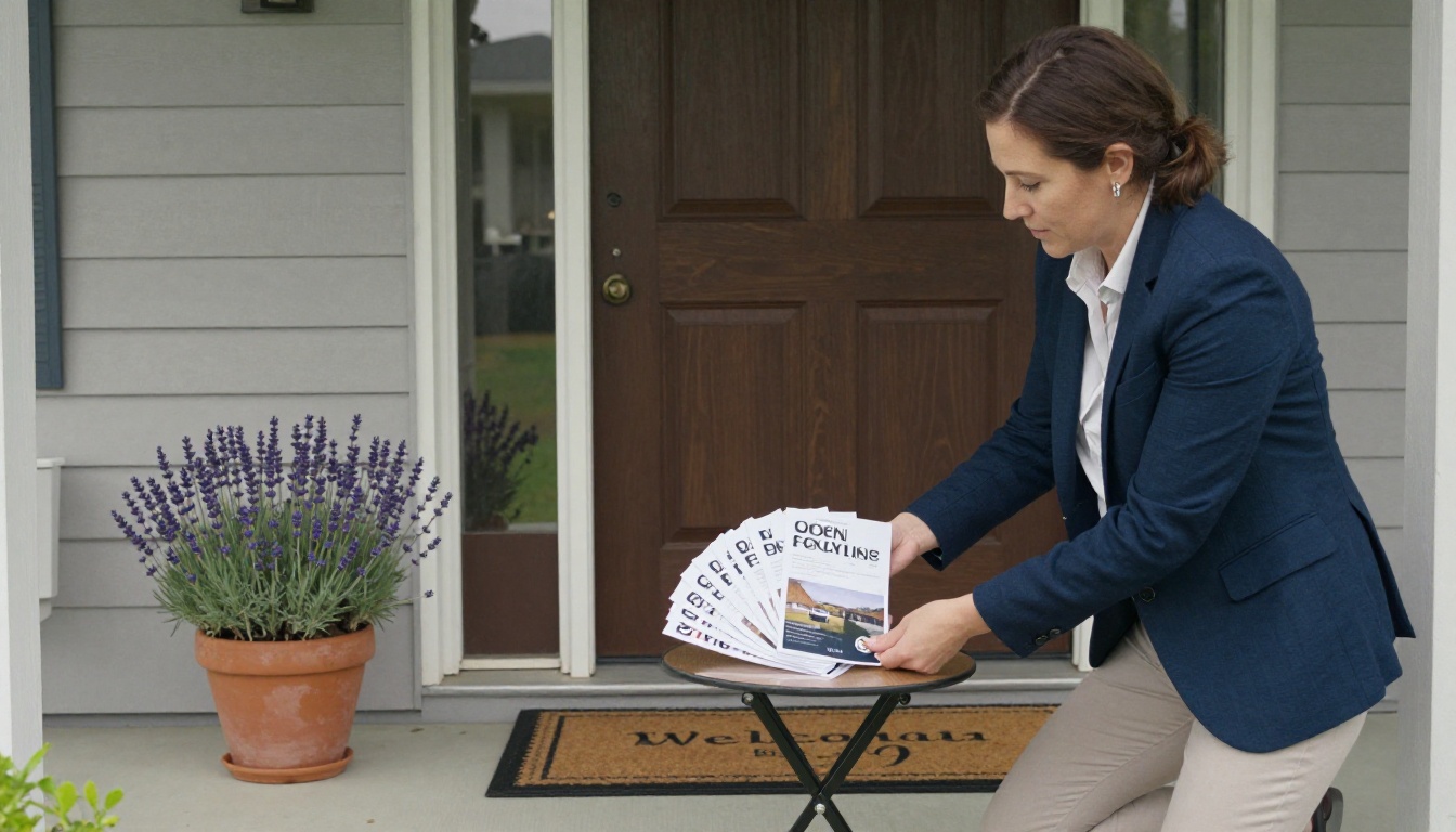 Real estate agent arranging open house flyers on a table at a home entrance