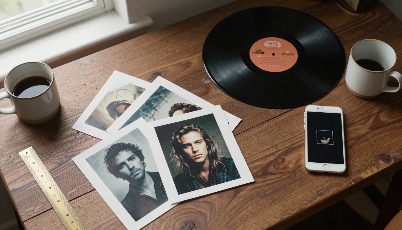 Printed square portrait photographs fanned out on a walnut desk beside a vinyl record and a smartphone