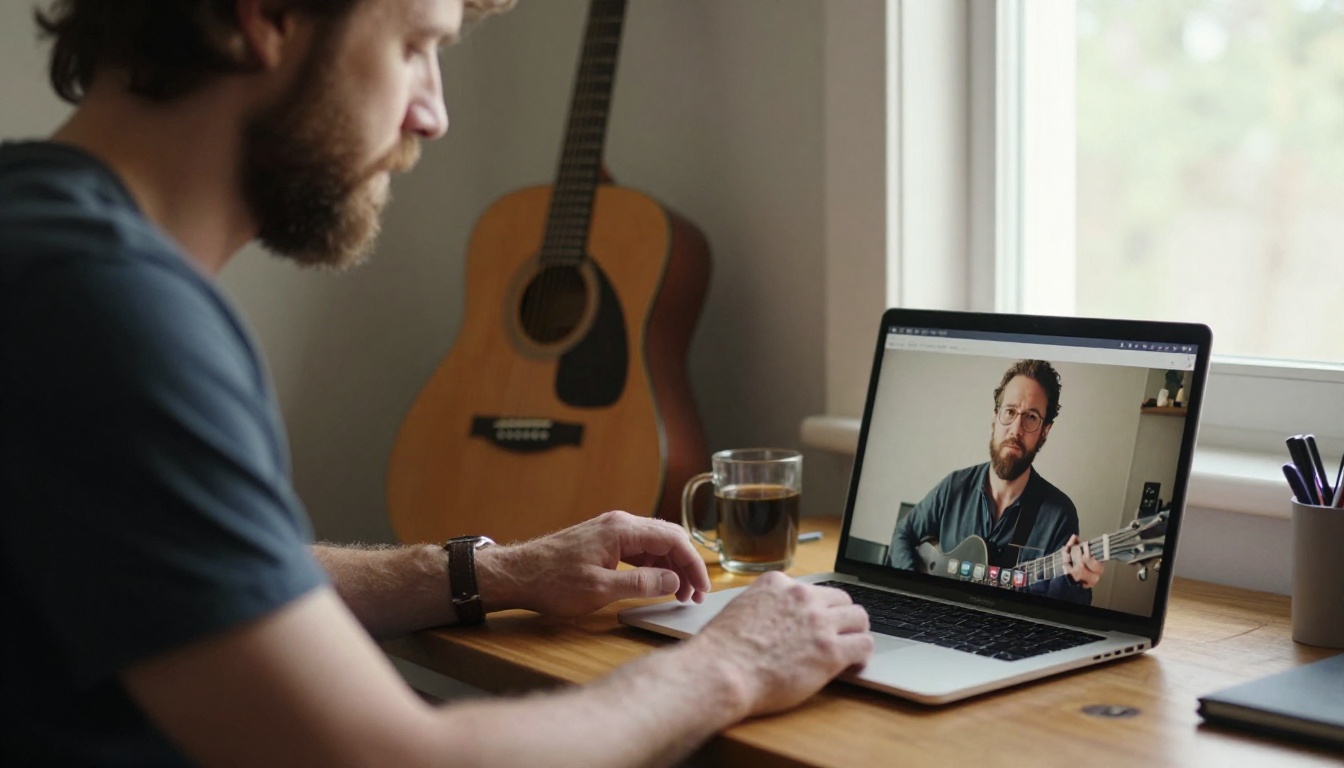 Bearded guitarist at a kitchen table looking at his own portrait photo on a laptop