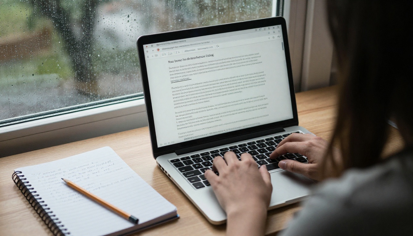 Songwriter typing a long description into a laptop beside a notebook of lyrics