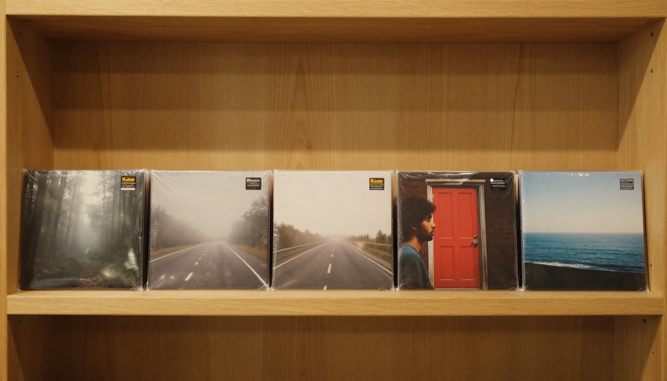 Five square vinyl sleeves with different photographic scenes leaning on a record store shelf