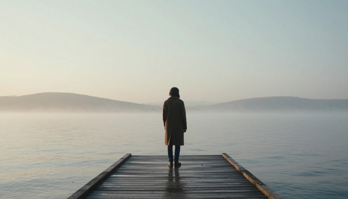 Singer-songwriter in a long coat standing on a foggy pier at dawn