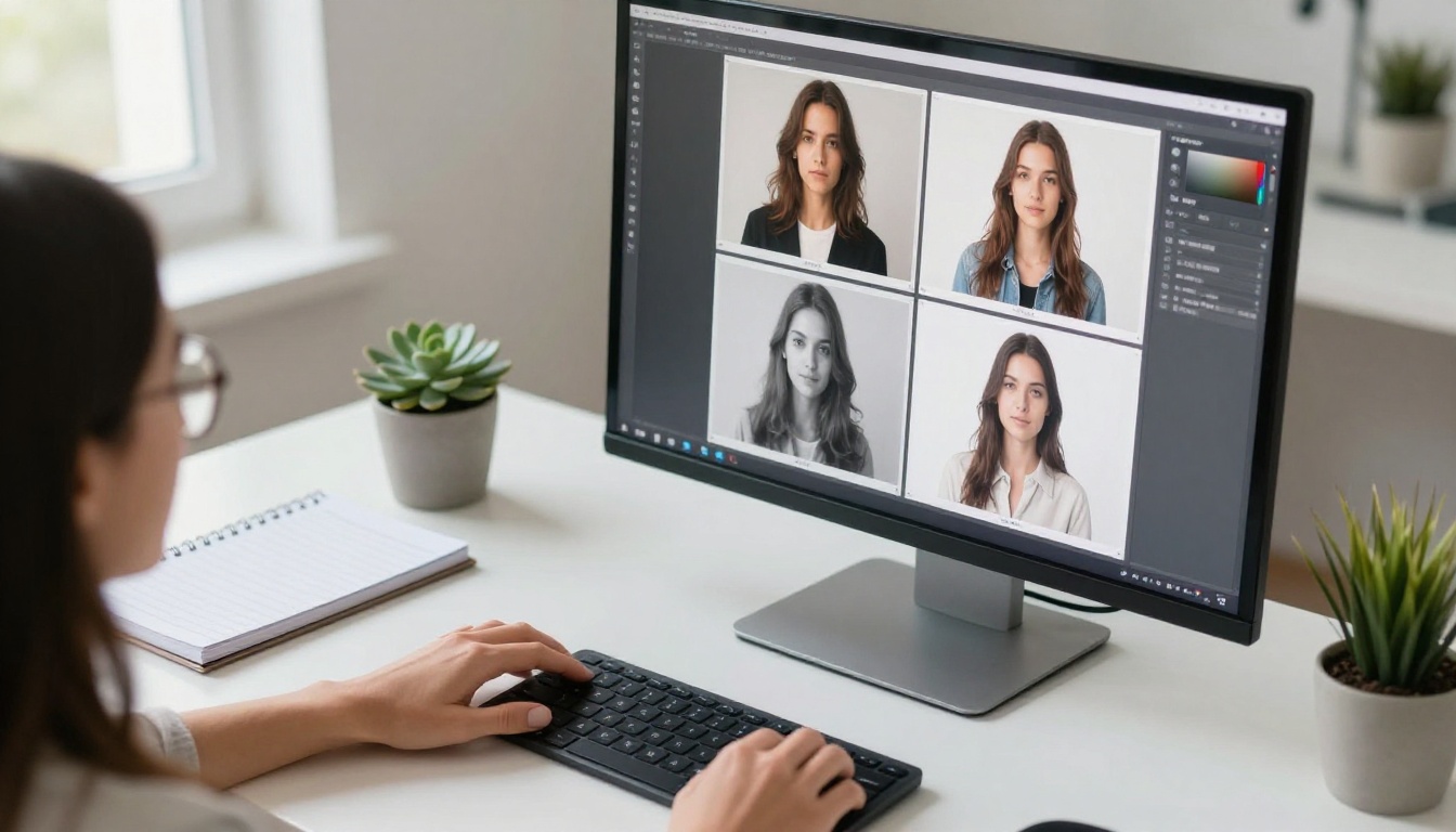 Graphic designer comparing four square portrait variations on a large monitor