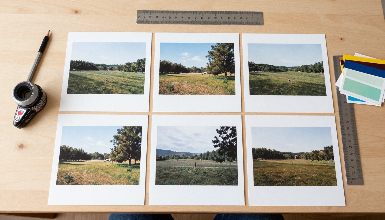 Six printed test squares of album artwork laid out on a pale oak table