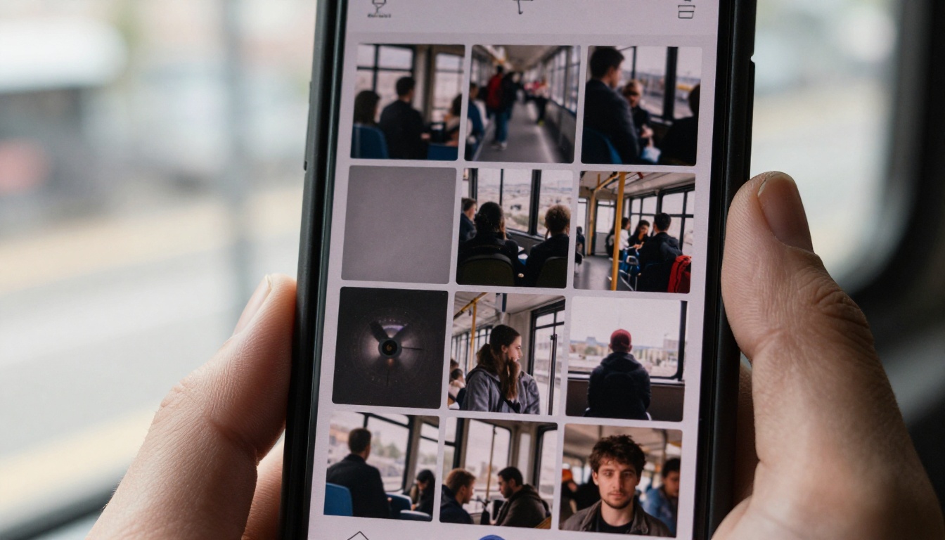 Hand holding a smartphone showing a grid of small square music thumbnails on a tram