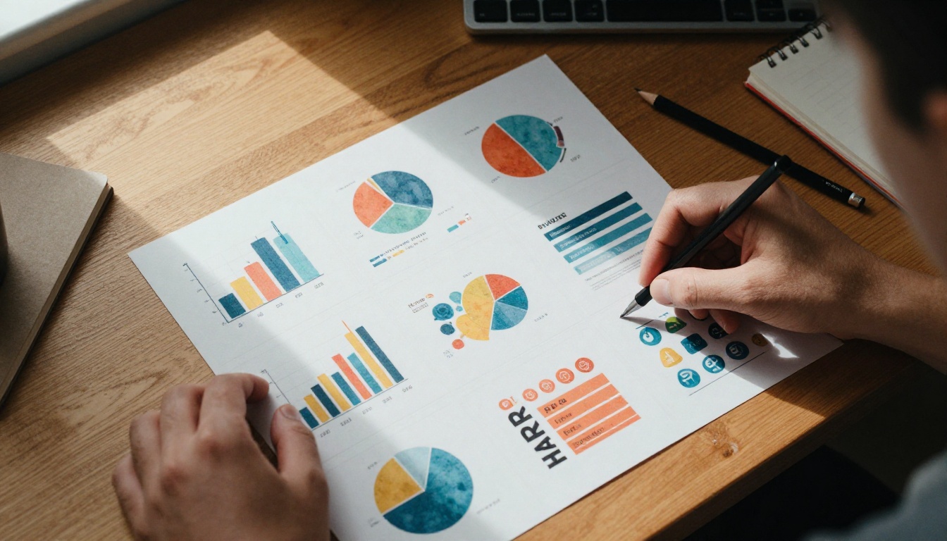 Overhead view of a designer arranging printed infographic cards on a wooden desk