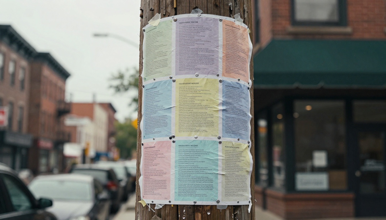 A wooden utility pole plastered with near-identical pastel flyers with centered layouts
