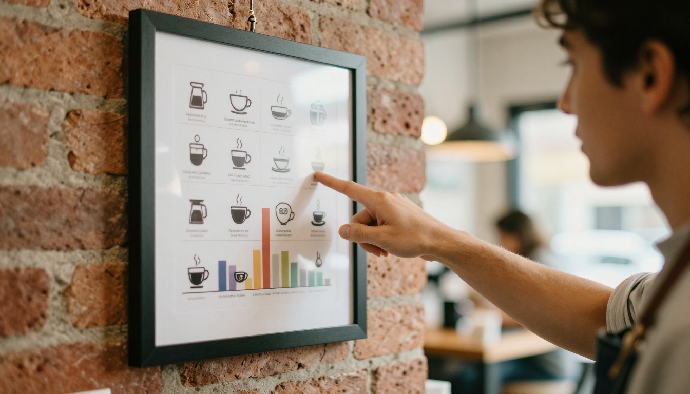 Coffee shop owner pointing at a framed brewing steps infographic on a brick wall