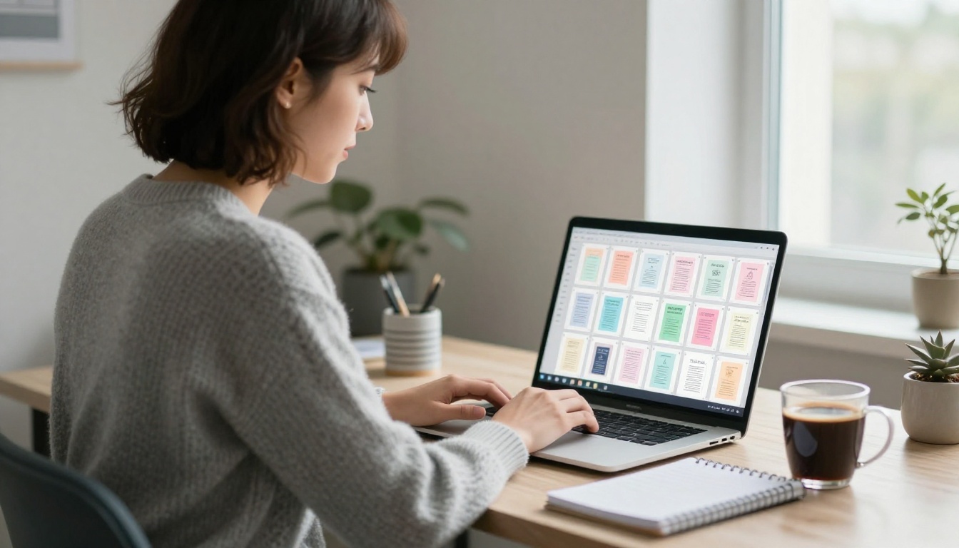 A marketing manager reviewing a screen full of nearly identical pastel poster thumbnails