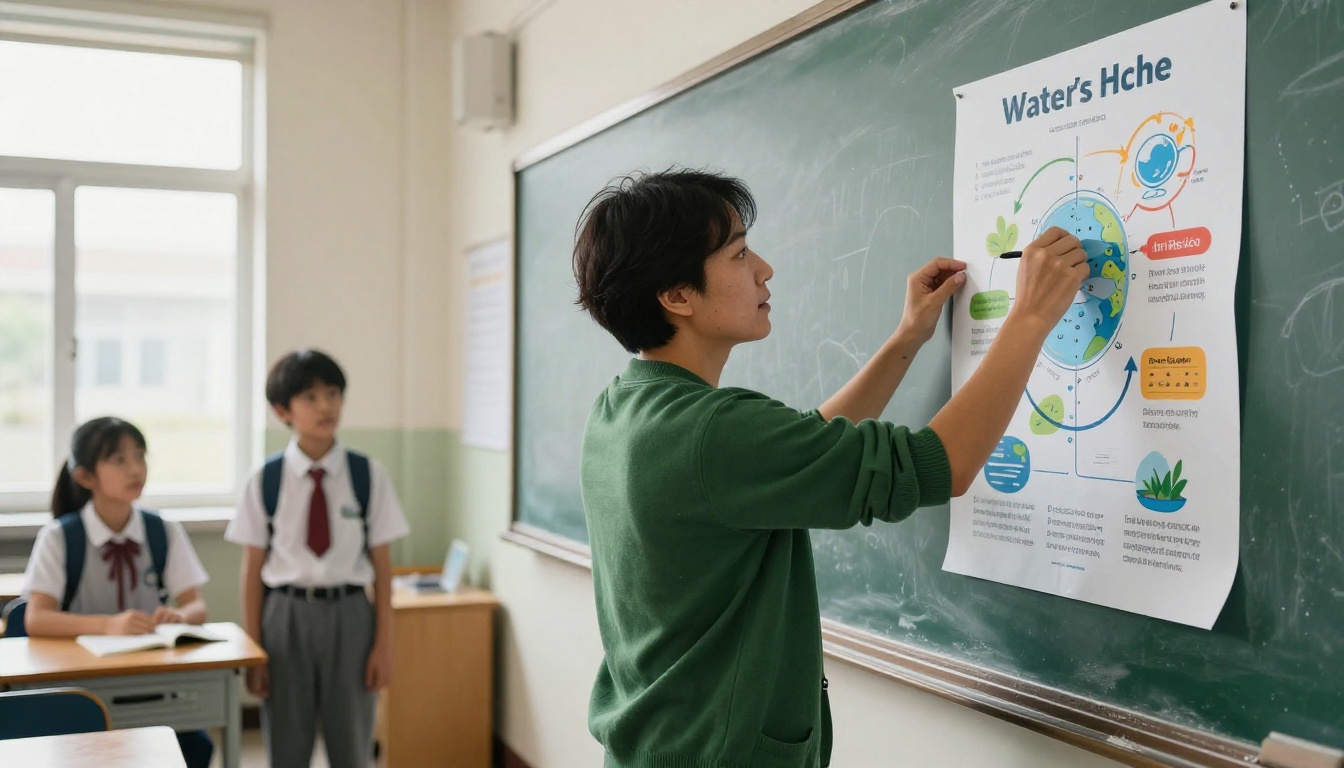 High school teacher taping a colorful water cycle poster onto a classroom wall
