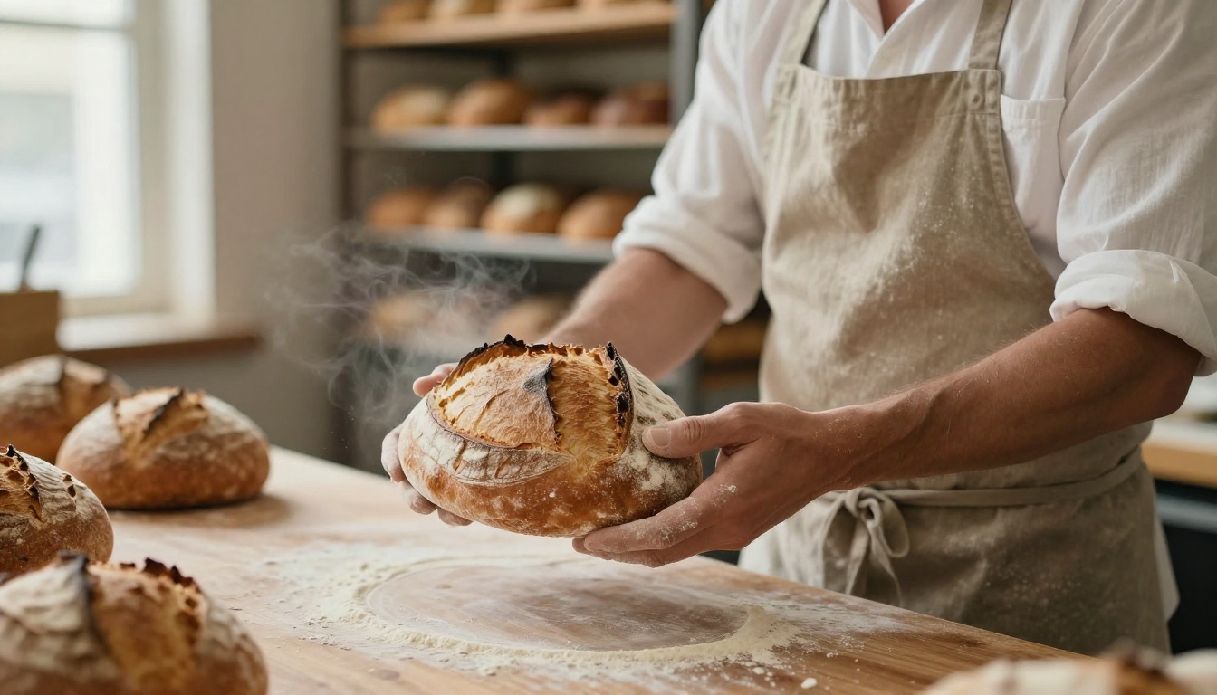 A baker in a flour-dusted apron holding a freshly baked sourdough loaf