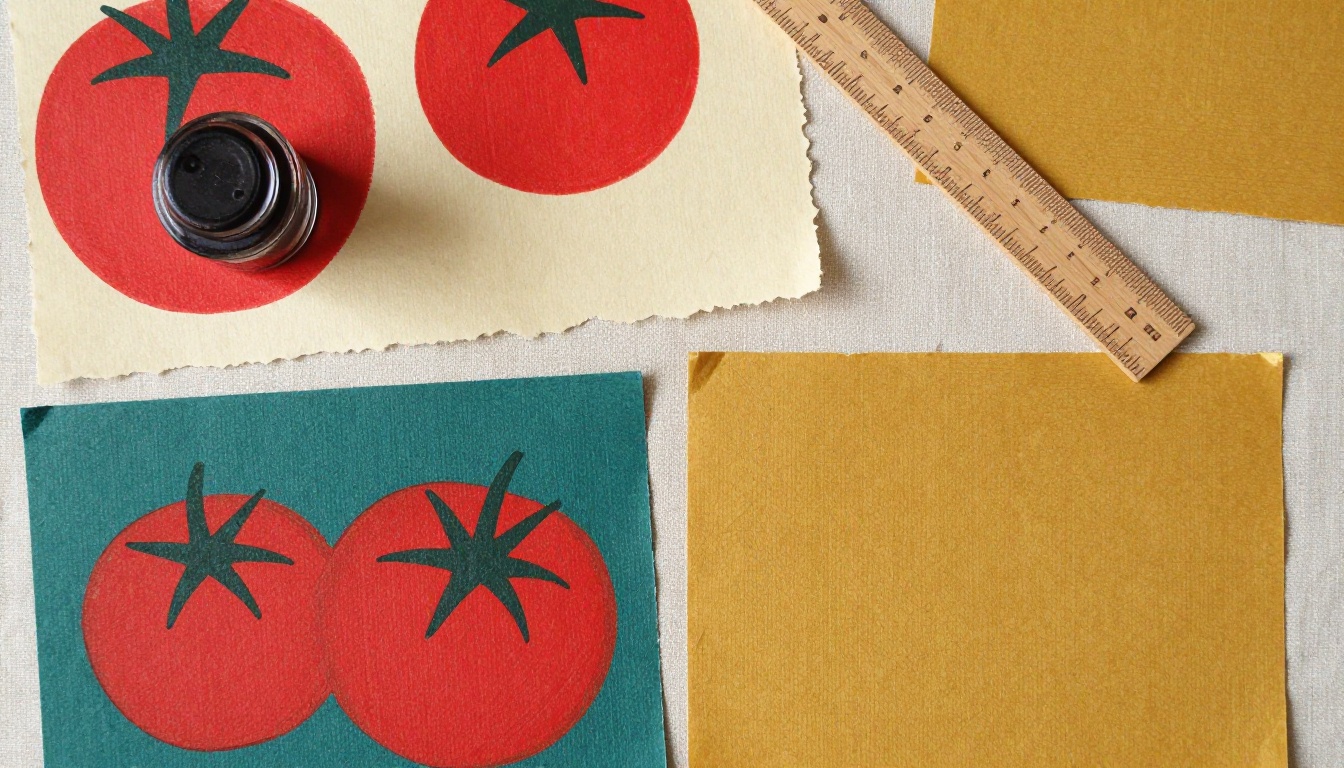 Flat lay of painted swatches in tomato red, teal, mustard, and cream on linen